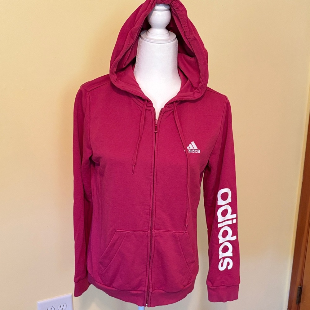 Adidas full zip hoodie sweatshirt dark pink white